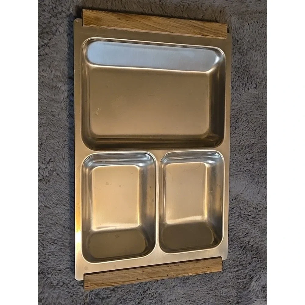 Vintage Kalmar Designs MCM Stainless Steel Teak Handles Divided Serving Tray 13